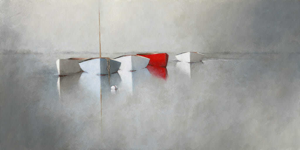 ACoolBlueHaze five small rowboats float on calm, misty water in this Leslie Berenson fine art Work. Three are white and one bright red, their reflections softly mirrored on the serene surface, evoking a tranquil and minimalist atmosphere.