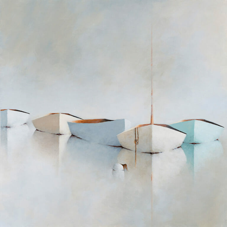 A Quiet Afternoon A minimalist painting by Leslie Berenson features five white rowboats floating on calm, misty water. The boats’ soft reflections blur into the pale gray-blue background, creating a serene, dreamy atmosphere with subtle brown and turquoise details.
