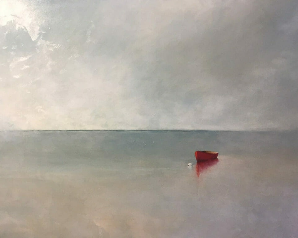 Rusty Red Reflection-40-x30 (1) A small red boat floats alone on calm, reflective water under a cloudy, pale gray sky. The horizon is faint, and the scene is minimalistic—Leslie Berenson fine art Work evokes peace with soft, muted colors in a tranquil atmosphere.