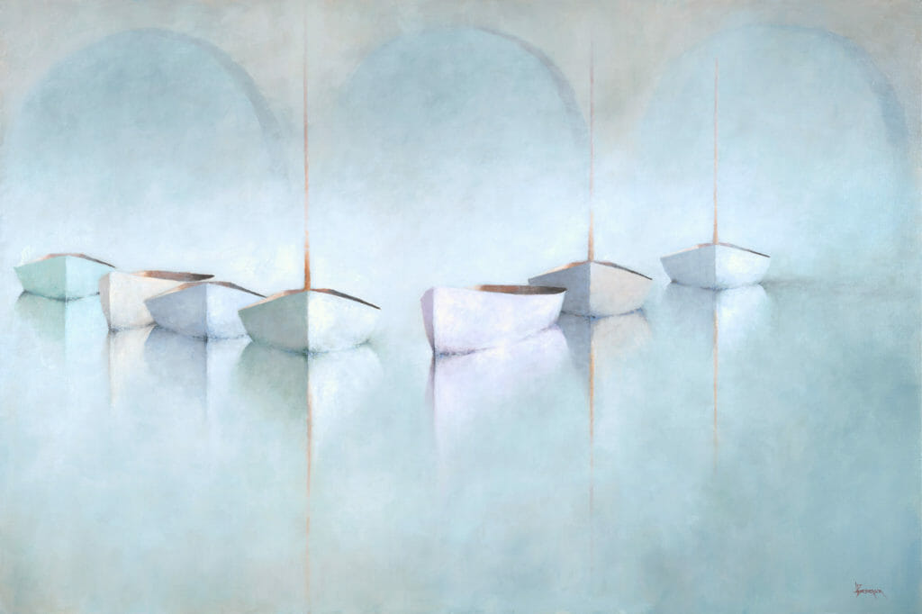 BoatsByTheBridge seven small, white boats with simple reflections float on calm, pale blue water. The soft, misty background and gentle gradients evoke Leslie Berenson’s serene, minimalist style, creating a tranquil and ethereal atmosphere. fine art painting