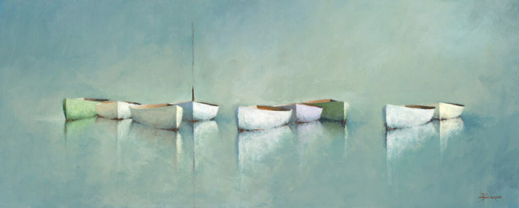 A minimalist painting from Leslie Berenson fine art Work shows nine small rowboats floating on calm, reflective water. The boats, in soft white, green, and lavender, form a peaceful line against a hazy blue-gray background.