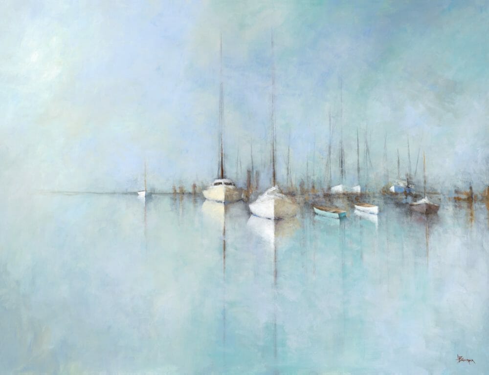 Gleaning White Sailers-48×36-1 Soft, impressionistic painting of sailboats floating on calm, pale blue water with faint reflections. Inspired by Leslie Berenson fine art Work, the misty background and gentle hues evoke a serene, tranquil atmosphere.