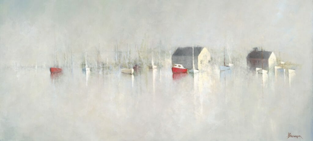 HarborHaze-40×20-1 A soft, misty painting from Leslie Berenson New Work depicts small boats on calm water near three simple houses. Mostly white and gray, it features a bright red boat at the center and subtle reflections shimmering on the water’s surface.