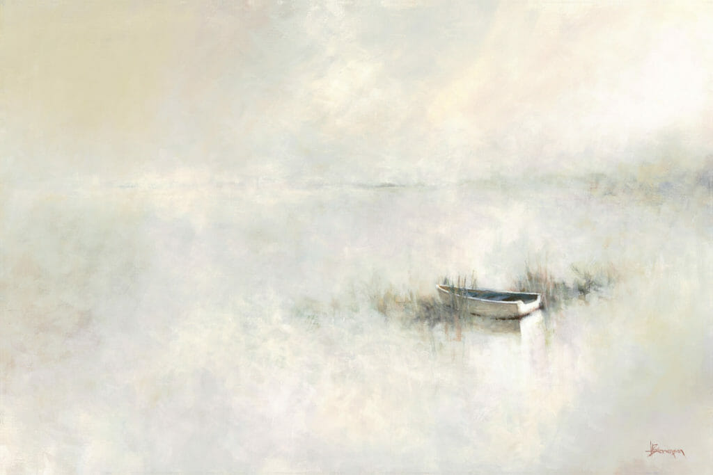 HiddenInTheMarsh-36×24-1 A small white rowboat floats alone on a misty, calm body of water in Leslie Berenson's New Work, where gentle brushstrokes blend water and sky into a serene, minimalistic, and almost dreamlike atmosphere.