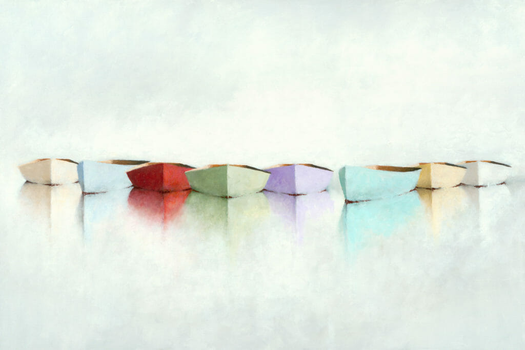 eight small rowboats, each painted a different pastel color, float in calm water with perfect reflections against a misty white background—a peaceful scene beautifully captured artwork by Leslie Berenson fine art.