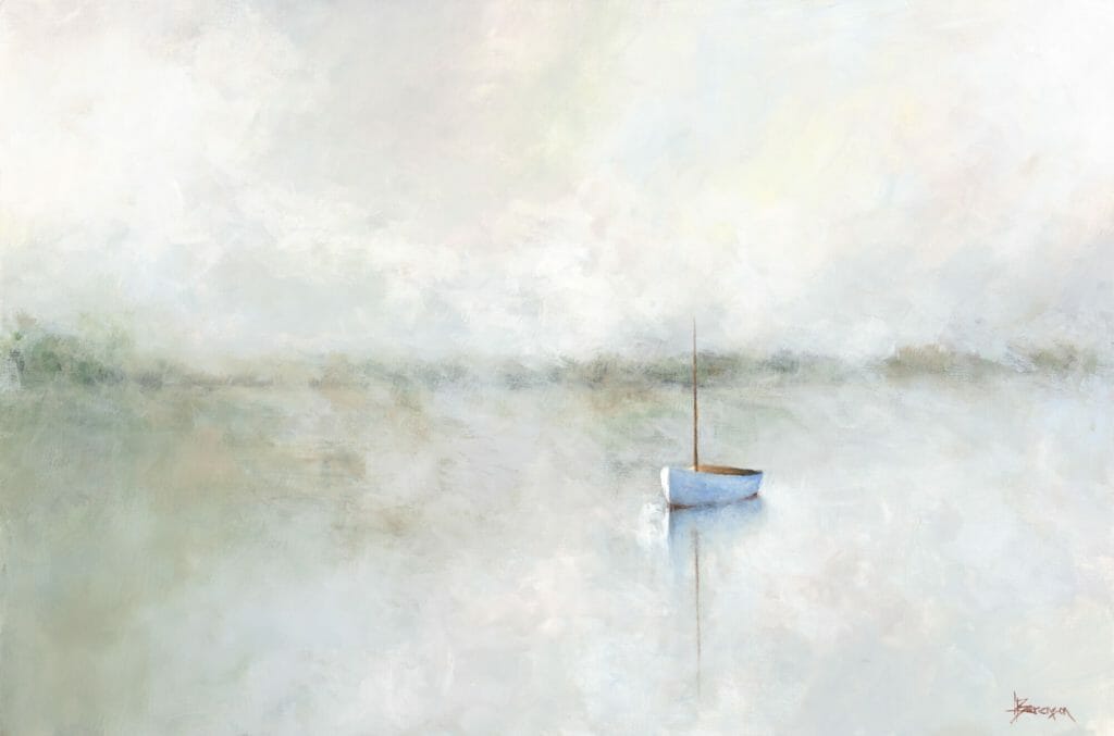 A small, empty boat floats on calm, silvery water in Leslie Berenson fine art Work. Muted colors and soft reflections create a peaceful, dreamy atmosphere beneath a pale sky, with a misty, tranquil mood.