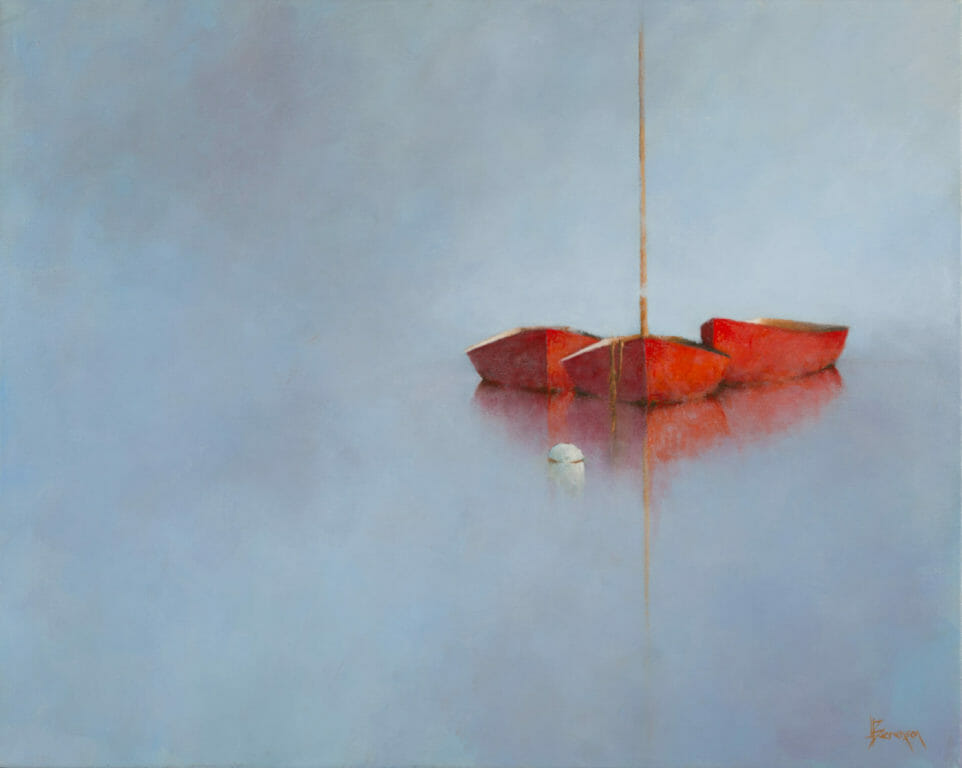 A minimalistic painting from Leslie Berenson fine art Work shows three red boats floating on calm, misty water. Their reflections shimmer below, with a single white buoy nearby. The soft, hazy blue background creates a peaceful and serene atmosphere.
