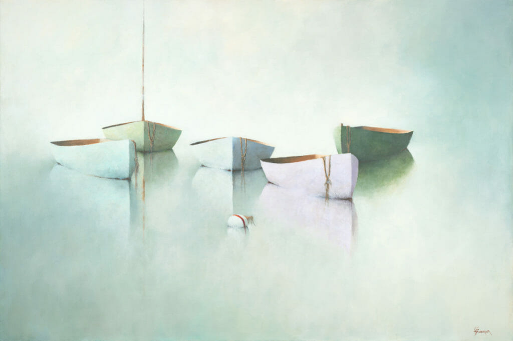 Five small rowboats, painted in muted pastel shades, float on still water under a hazy sky. Gentle reflections and a single white buoy evoke tranquility in this minimalist Leslie Berenson Fine Art Work scene. painting