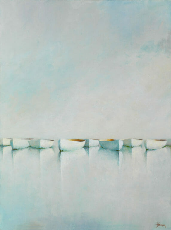 A minimalist Leslie Berenson fine art work shows nine white rowboats in a horizontal line on calm water, their faint reflections below. Soft blues and whites in the background create a serene, airy feel, with the artist’s signature in the bottom right corner.