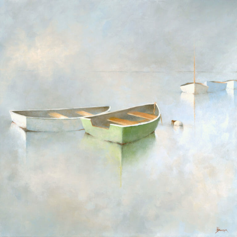 The Sounds of Serenity A soft, dreamy painting by Leslie Berenson depicts three small rowboats on calm, misty water. Two boats, one white and one light green, rest in the foreground as a white sailboat drifts in the hazy background, evoking serene, tranquil pastel tones. artwork
