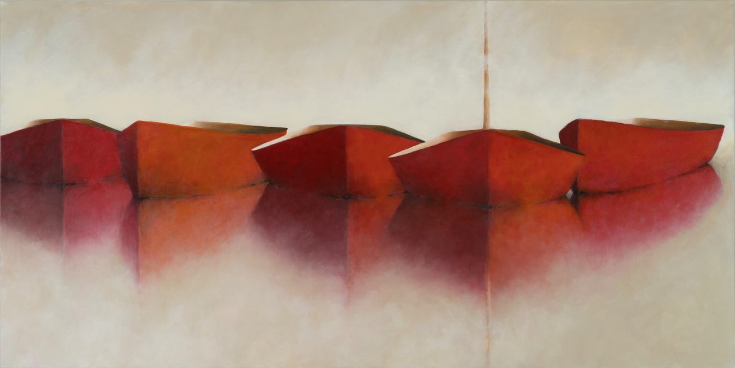 Five red boats are lined up on calm water, their reflections visible below. In Leslie Berenson’s serene, minimalist style, the soft beige background and gentle blending of colors create a tranquil, symmetrical composition.