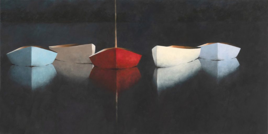 Featured Midnight in the Keys 30×60 five small boats, in light blue, red, white, and bluish-white, float side by side on calm dark water. Their reflections create a mirror-like effect. The background is dark and muted, reminiscent of Leslie Berenson’s serene compositions.