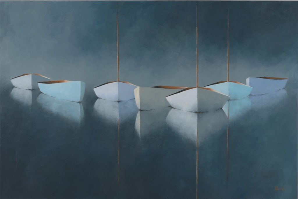 Moon Glow 72×48 seven minimalist white and light blue rowboats float on calm, dark blue water in this serene, abstract composition from Leslie Berenson art Work. Their reflections and subtle masts create a tranquil, misty atmosphere.