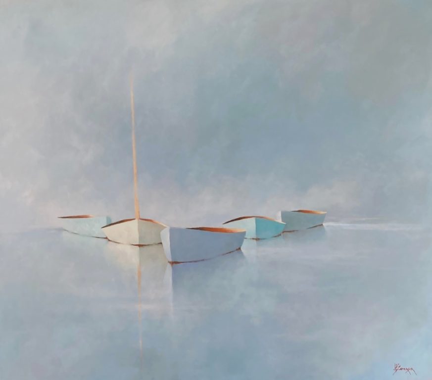 A soft, minimalist painting from Leslie Berenson art Work depicts five small boats floating on calm, misty blue water. Pale colors, gentle reflections, and blurred edges create a serene, dreamy atmosphere where sky and water blend seamlessly.