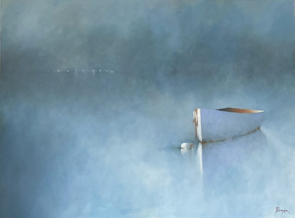 A small, white rowboat floats alone on calm, misty blue water. The background is hazy, blending sky and water, creating a peaceful, dreamlike atmosphere. The boat is reflected softly in the water, and distant shapes are barely visible through the fog. fine art painting