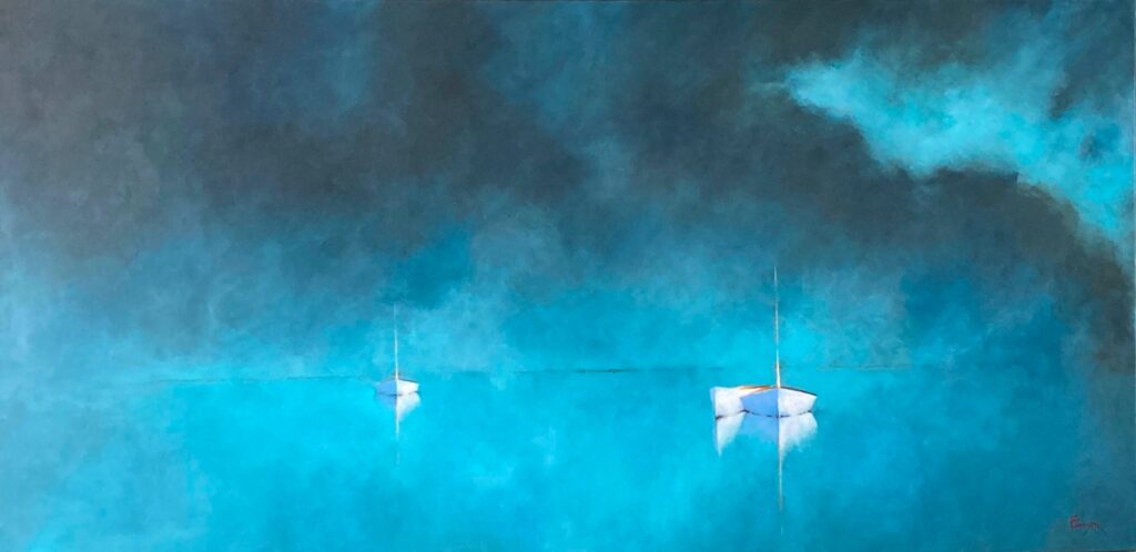 three sailboats float on calm, turquoise water, reflecting softly below. In Leslie Berenson New fine art Work, blue and dark clouds blend dreamily above a faint horizon, merging water and sky for a peaceful, abstract atmosphere.