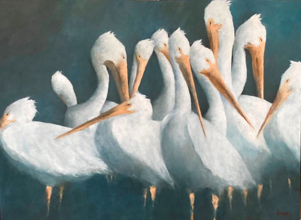 The Rite of Spring A group of white pelicans with long orange beaks and legs cluster together against a muted blue-green background in this Leslie Berenson giclee art Work. Overlapping bodies and soft, textured feathers create a sense of unity and calm.