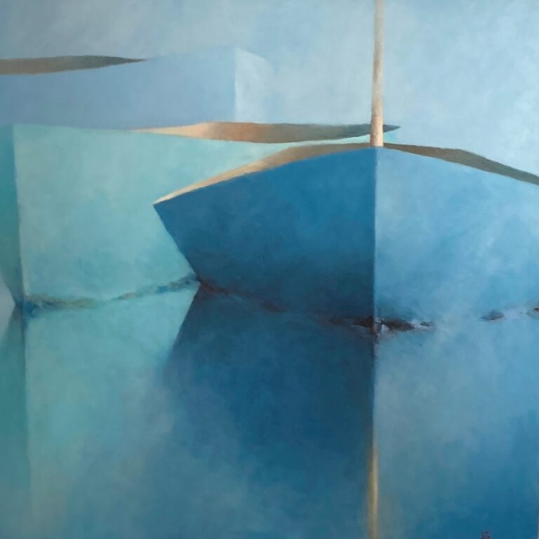 Abstract painting of two blue boats on calm water from Leslie Berenson fine art Work. The boats, simplified into geometric shapes and muted blue tones, reflect softly on the water, blending into a tranquil, dreamlike background.
