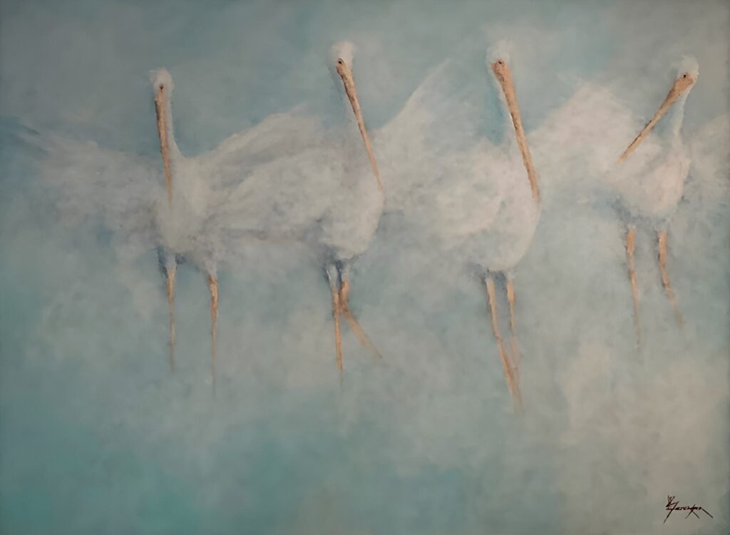 Four white birds with long necks and beaks stand against a soft, misty blue background. Their wings blend dreamily into the scene, creating a graceful, abstract effect characteristic of Leslie Berenson art Work.