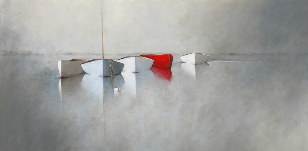 A Cool Blue Haze Giclee five small rowboats, three white and one bright red, are tied together and float on calm, reflective water. In this serene, minimalist scene, soft gray tones evoke the dreamlike atmosphere found in Leslie Berenson giclee art Work.