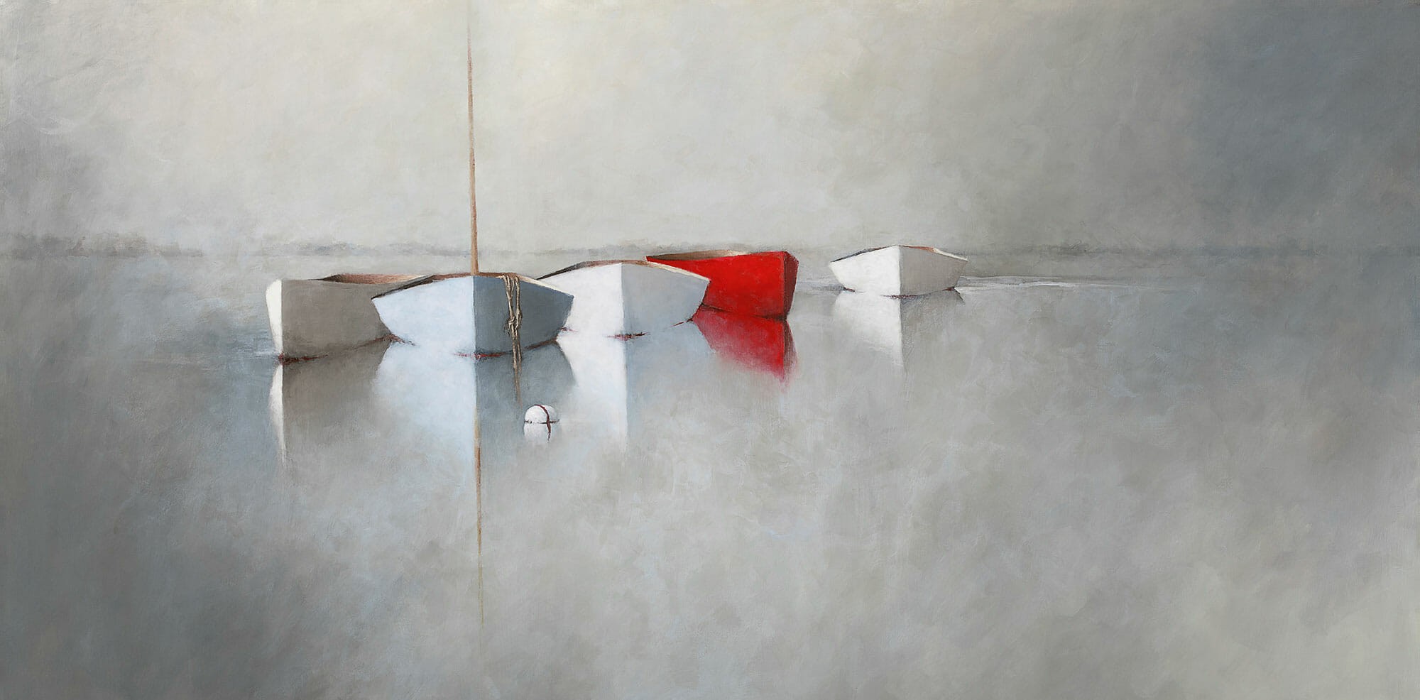 five small rowboats, three white and one bright red, are tied together and float on calm, reflective water. In this serene, minimalist scene, soft gray tones evoke the dreamlike atmosphere found in Leslie Berenson giclee art Work.
