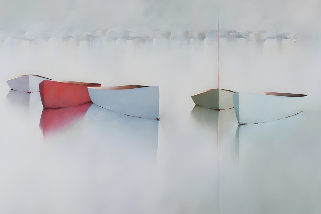 Another Summer at the Beach House Giclee Five small rowboats, painted white, red, and pale green, float side by side on still water. Shrouded in mist, this dreamy and tranquil scene captures the serene beauty of Leslie Berenson Giclee.