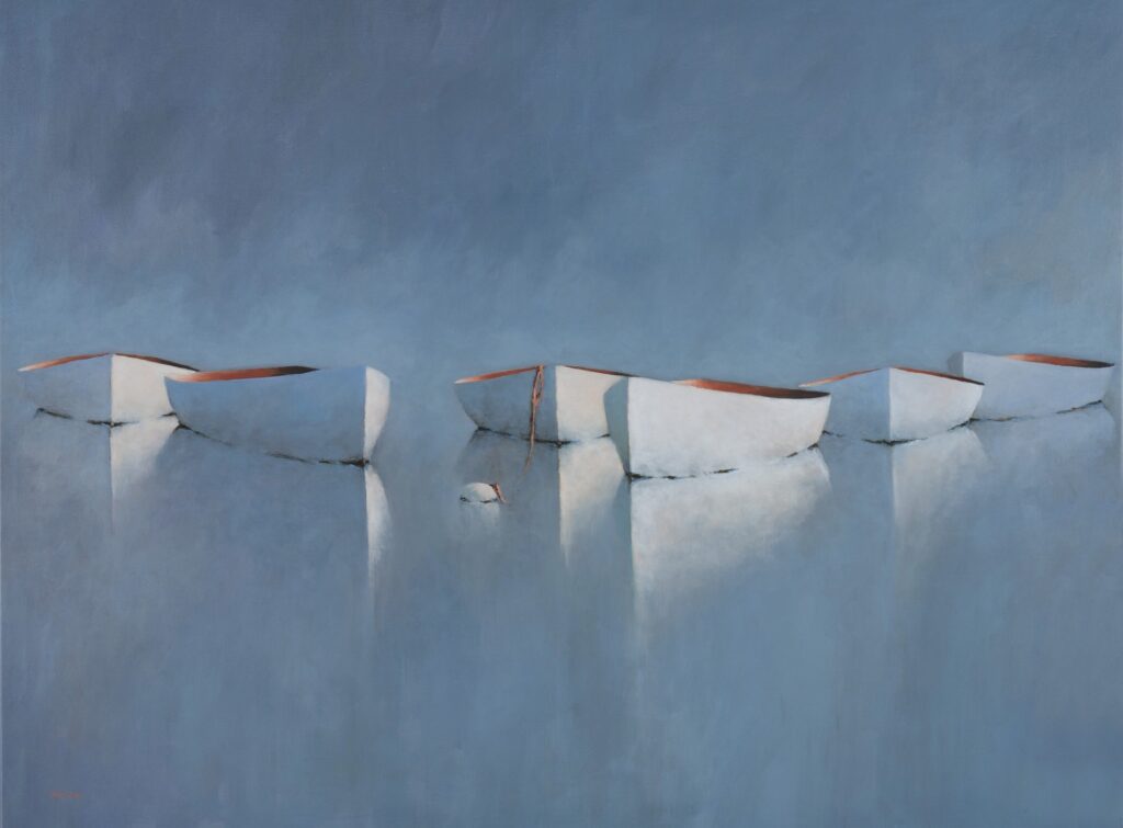Bathing in Sunshine Giclee six white rowboats float on still, reflective blue water under a hazy sky. This minimalist scene, available as giclee prints, features soft edges and cool tones, creating a calm atmosphere with gentle reflections on the glassy surface. by Leslie berenson