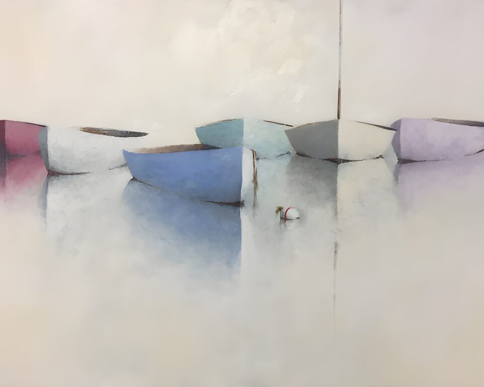 A minimalist painting from Leslie Berenson New Work features five small boats in pastel shades—pink, white, blue, and grey—floating on calm, glassy water. Misty reflections and a subdued palette evoke a peaceful, dreamy atmosphere.