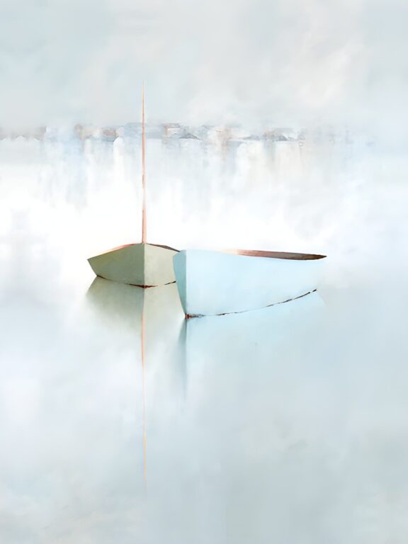 Beach House Memories Giclee Two small boats, one white and one light blue, float side by side on calm, misty water. The serene, minimalist scene is perfect for giclee prints, with soft reflections and a dreamy, hazy background enhancing the tranquil mood.