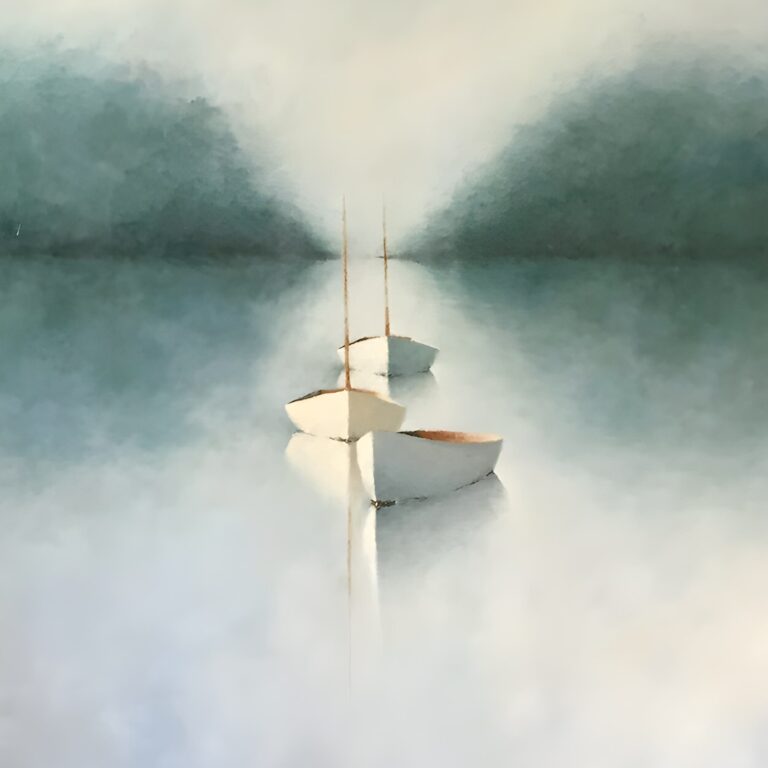 Beauty and the Peace 36-x-36 Three white sailboats float on calm, misty water, reflecting softly below them. In Leslie Berenson Art Work, the background fades into hazy blue and green tones, with indistinct mountains and sky, creating a peaceful, ethereal atmosphere.