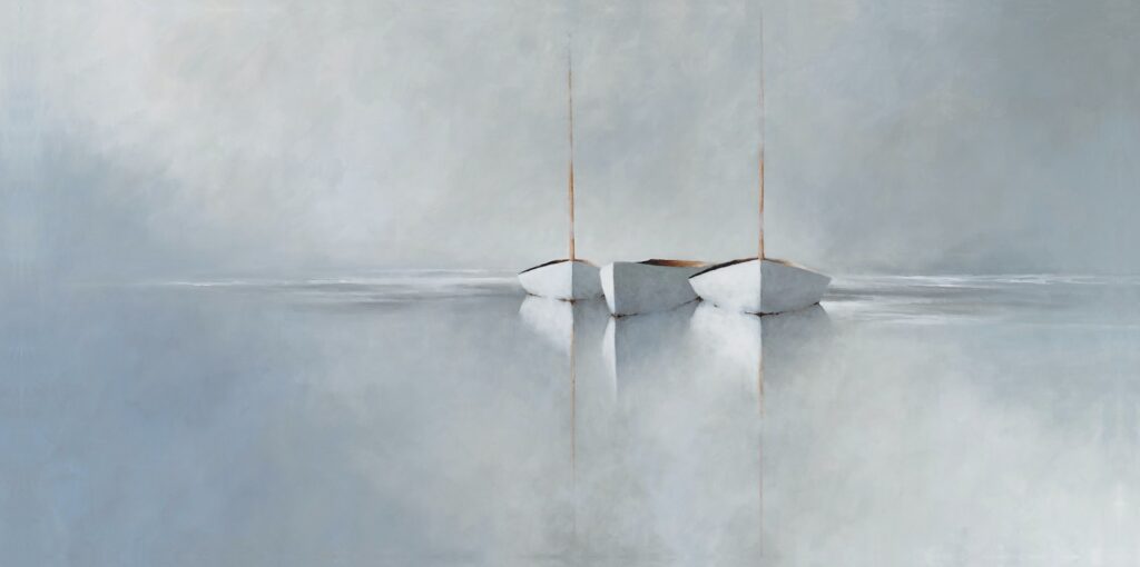 Breaking through the Haze Giclee three white sailboats with tall masts float beside each other on a calm, glassy body of water. This minimalist scene, offered as giclee prints, features soft blue and gray tones for a peaceful and serene atmosphere with perfect reflections. fine art painting