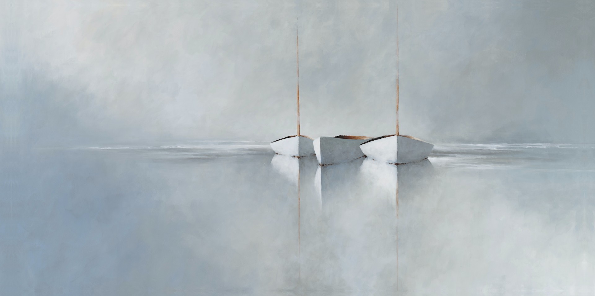 three white sailboats with tall masts float beside each other on a calm, glassy body of water. This minimalist scene, offered as giclee prints, features soft blue and gray tones for a peaceful and serene atmosphere with perfect reflections. fine art painting
