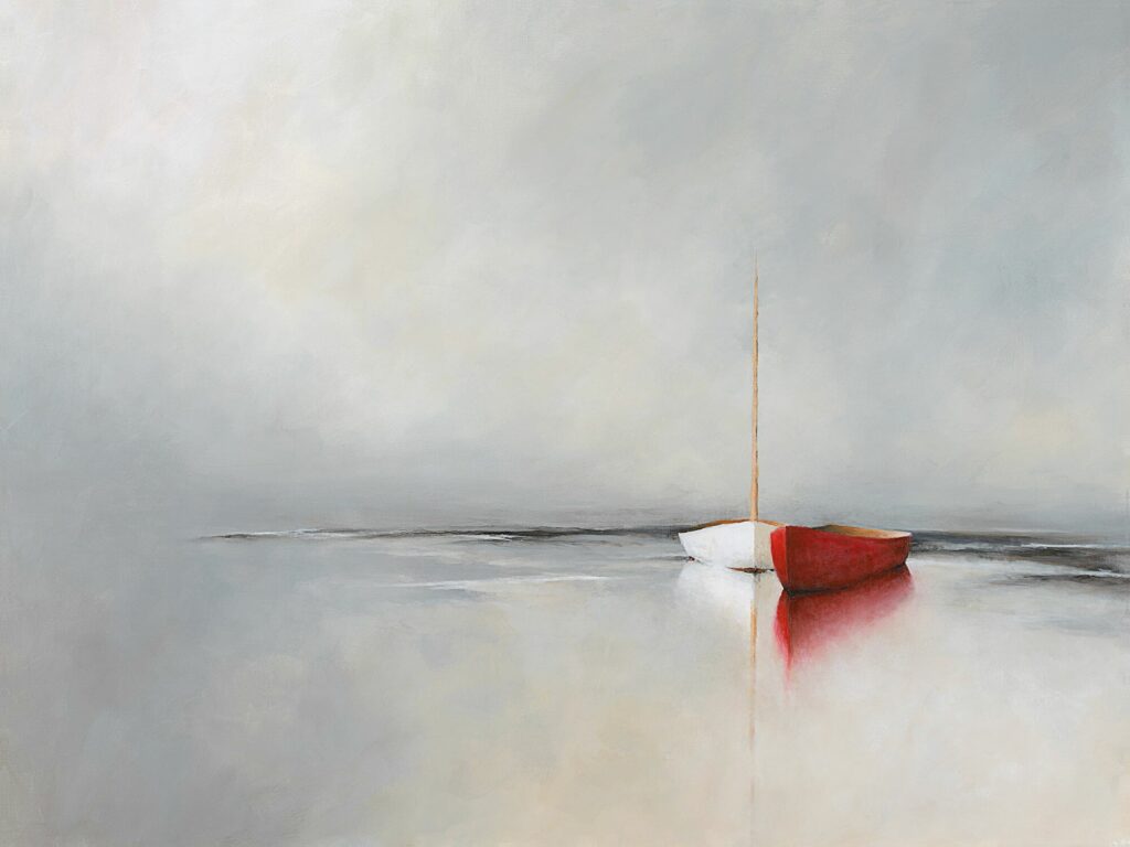 Two small boats, one white and one red, float side by side on calm, reflective water under a soft, cloudy sky. This minimalistic scene from Leslie Berenson New Work uses muted colors to create a peaceful, serene atmosphere with the boats as the main focus.