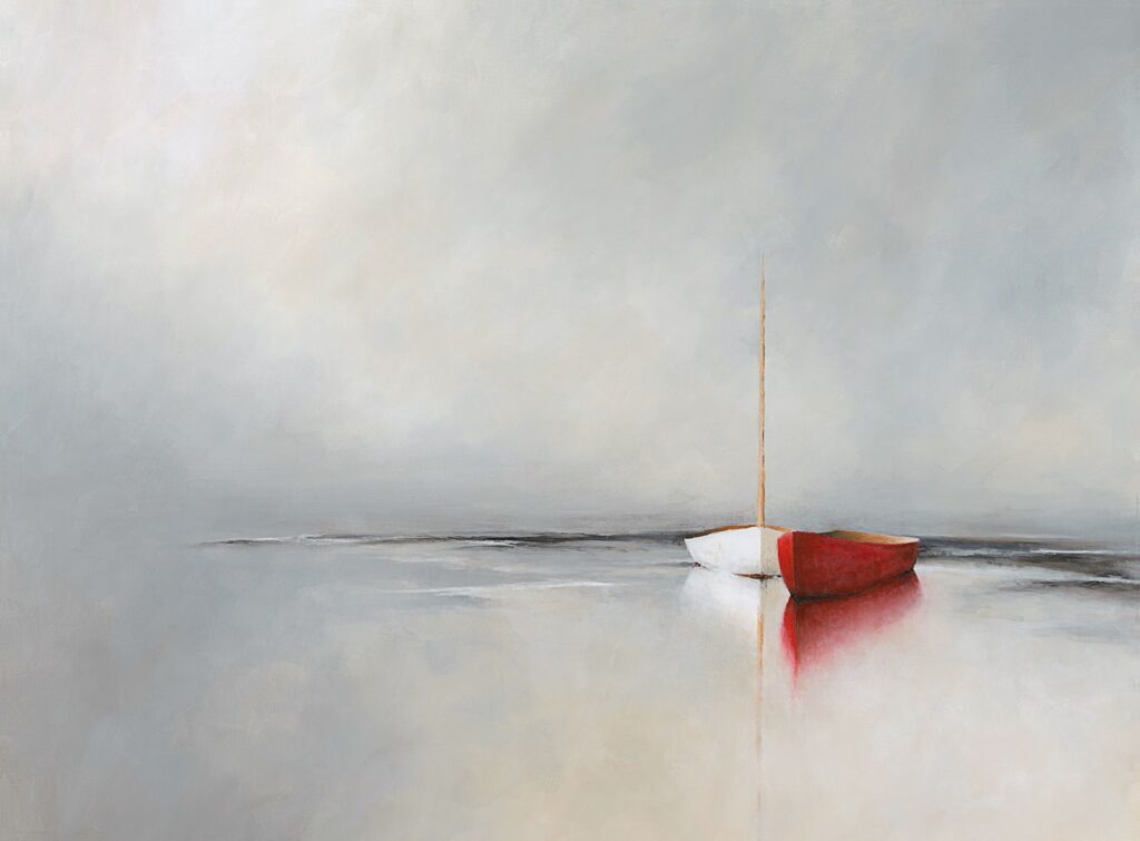 Changing Tides Giclee Two small boats, one white and one red, float side by side on calm, reflective water beneath a misty, pale sky. Their mirrored images enhance the tranquil, minimalistic scene, beautifully captured in high-quality giclee prints.
