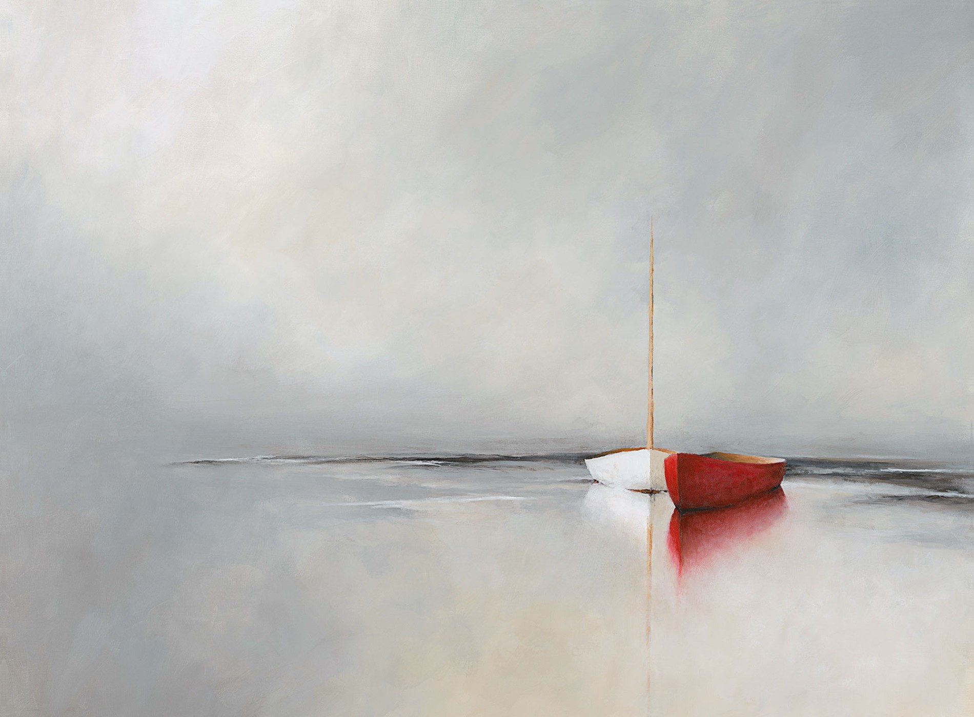 Two small boats, one white and one red, float side by side on calm, reflective water beneath a misty, pale sky. Their mirrored images enhance the tranquil, minimalistic scene, beautifully captured in high-quality giclee prints.