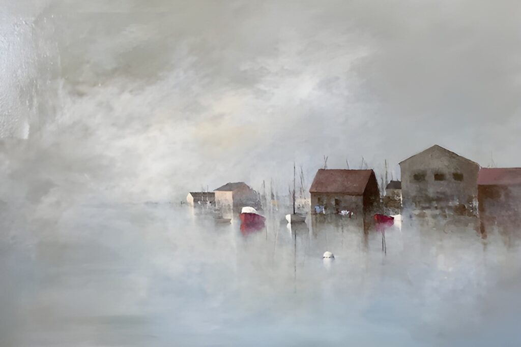 Dock Series 3 Impressionist painting of a misty harbor with several red-roofed houses and boats reflected in calm, pale blue-gray water. This Leslie Berenson Work features foggy softness, lending a tranquil, dreamlike atmosphere to the serene scene.