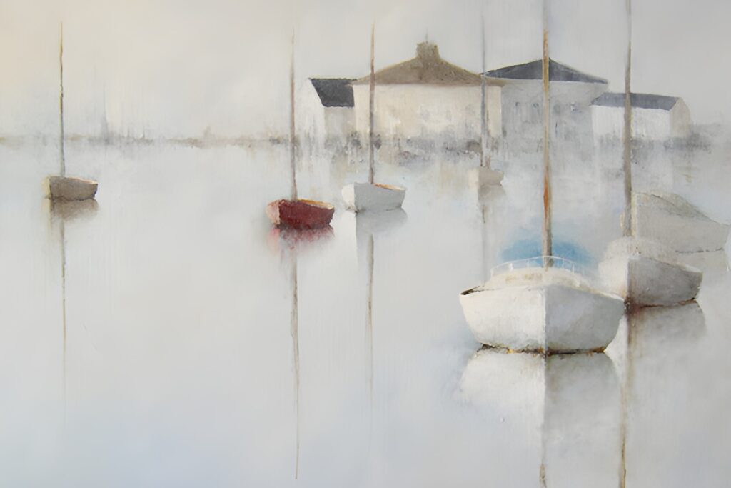 A soft, misty painting from Leslie Berenson Work shows sailboats with tall masts floating on calm water. A blurred white building with a dark roof, partially hidden by fog, completes the serene, dreamy waterfront scene.