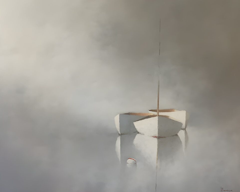 A minimalist painting from Leslie Berenson New Work depicts three white boats floating on still, foggy water. The boats rest side by side, their subtle shadows and reflections below. Soft gray tones enhance the misty, tranquil scene.