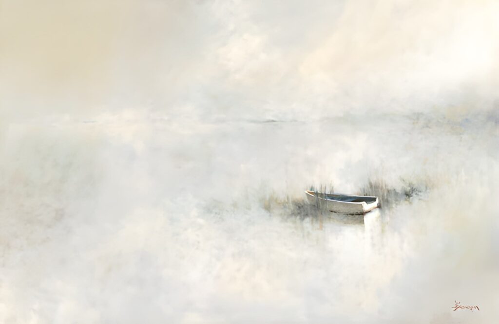 Hidden in the Marsh Giclee A small white rowboat floats alone in calm, shallow water surrounded by soft, misty light, echoing the serene, ethereal atmosphere of Leslie Berenson art Work, with hazy, abstract tones of cream, white, and gray. giclee