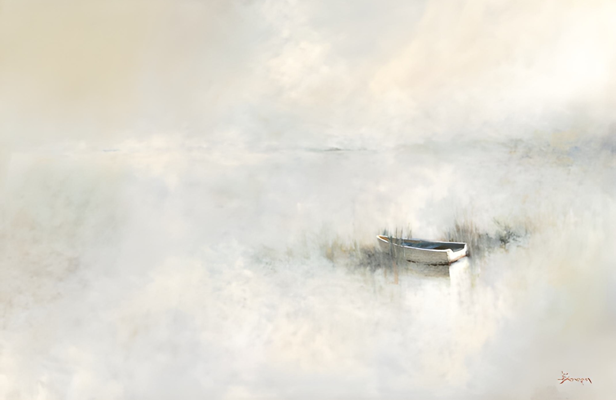 A small white rowboat floats alone in calm, shallow water surrounded by soft, misty light, echoing the serene, ethereal atmosphere of Leslie Berenson art Work, with hazy, abstract tones of cream, white, and gray. giclee