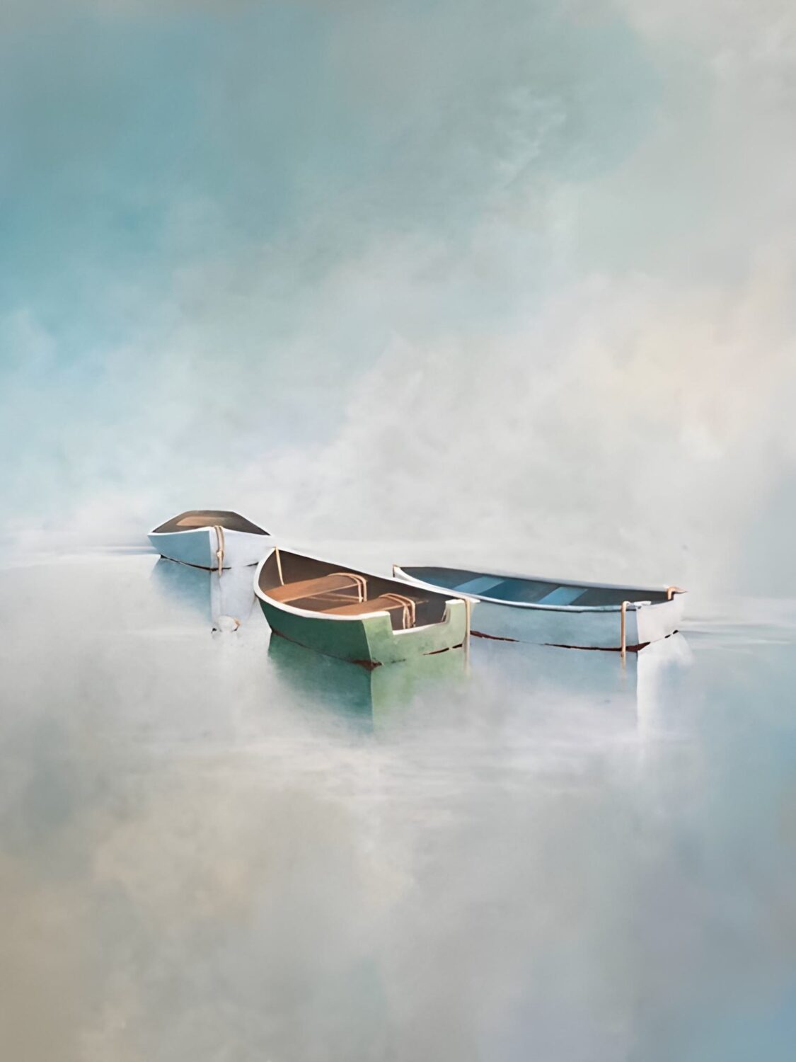 In Harmony Three small boats float on calm, misty water in this Leslie Berenson artWork. The green, blue-and-white, and brown boats are set against soft blue and white hues, creating a peaceful, dreamy atmosphere with no visible shore.