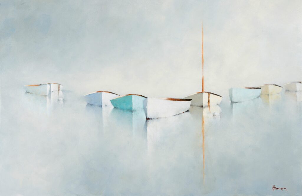 A minimalist painting from Leslie Berenson art Work features small, pale boats with soft blue, beige, and white hues floating on calm, misty water. One boat’s vertical orange mast stands out in this tranquil, hazy scene.