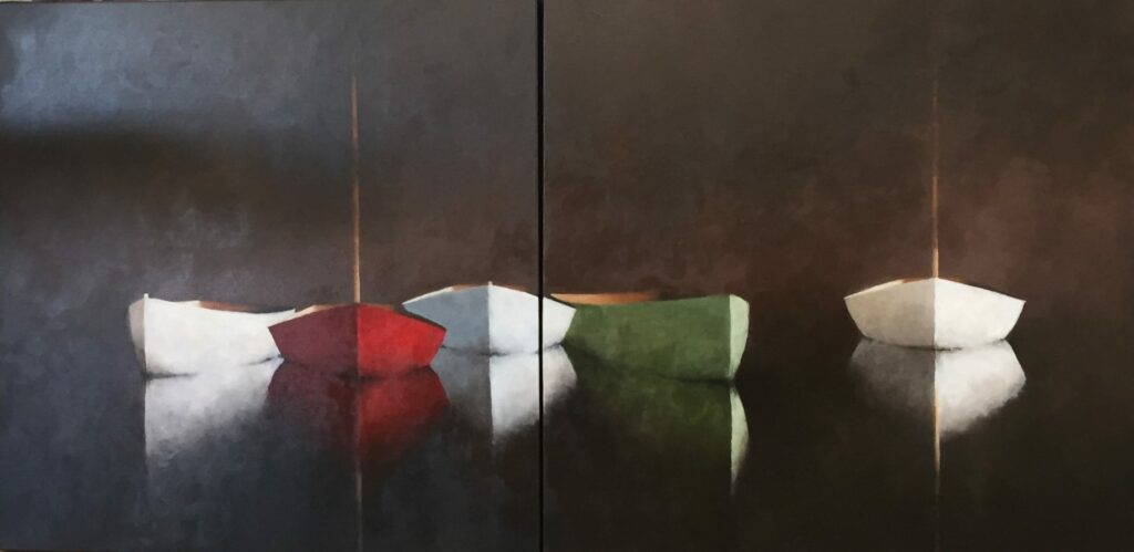 Just After Midnight Diptych Five boats—white, red, white, and green—float on dark, reflective water in Leslie Berenson Diptych ArtWork. The boats cast soft reflections and golden lines on a background that fades from black to brown, creating a calm, minimalist scene.