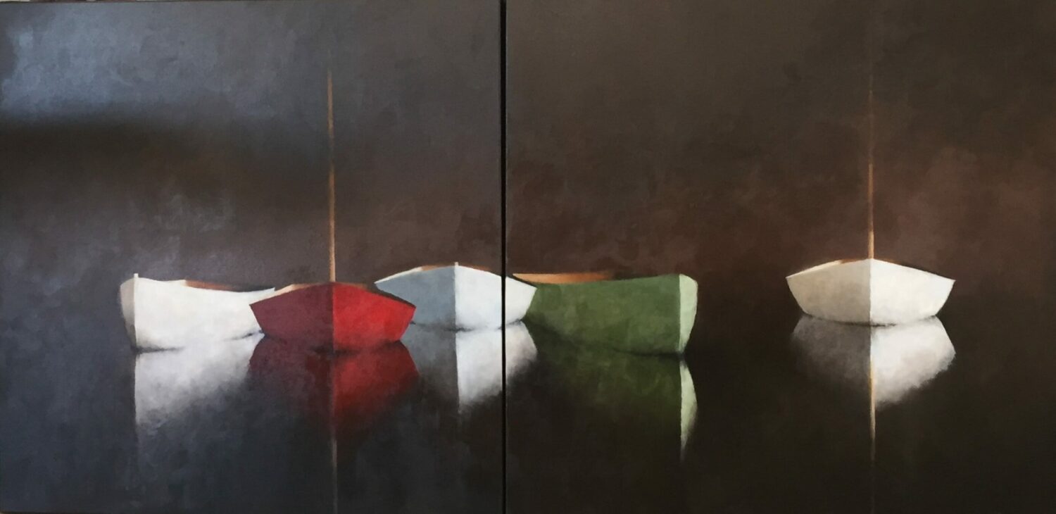 Five boats—white, red, white, and green—float on dark, reflective water in Leslie Berenson Diptych ArtWork. The boats cast soft reflections and golden lines on a background that fades from black to brown, creating a calm, minimalist scene.