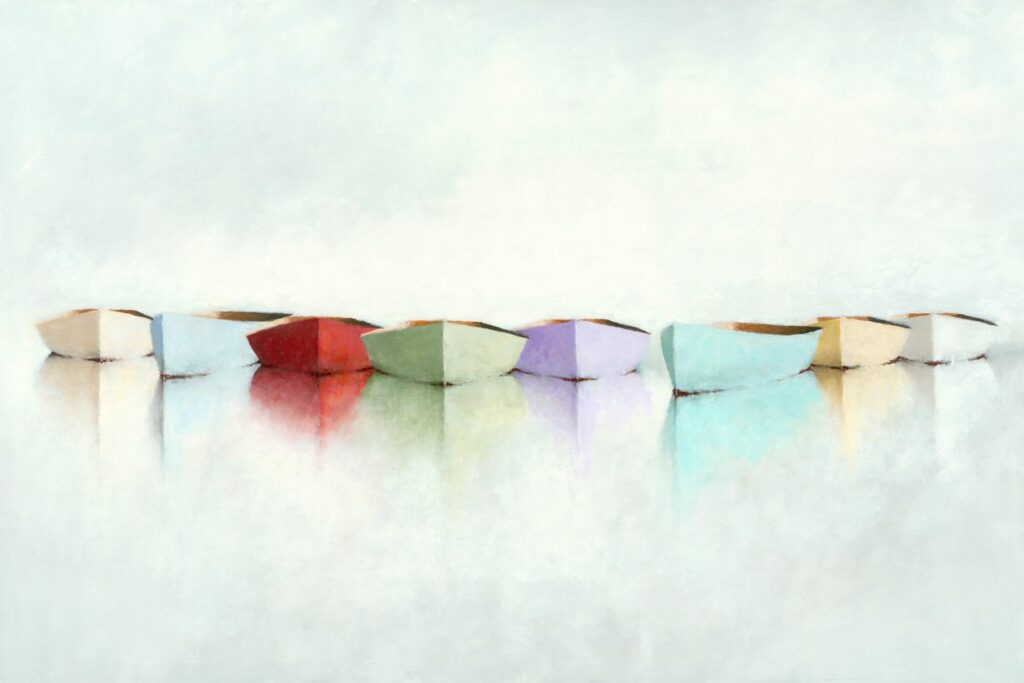 Light Waves Giclee Six small rowboats in pastel colors float side by side on calm, reflective water. Their soft reflections blend into a misty, pale background, evoking serene minimalism characteristic of Leslie Berenson Work.