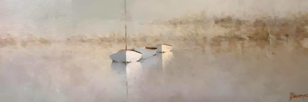 A soft, impressionistic painting from Leslie Berenson Art Work shows three white boats floating on calm, reflective water. The misty, earth-toned background enhances the tranquil mood, with the artist’s signature in the lower right corner.