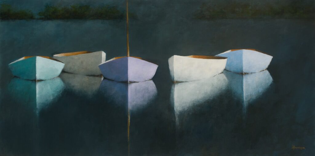 Moonlight in the Keys Five small rowboats, painted in soft pastel shades of blue, white, and lavender, gently float on calm water at dusk. Reflections shimmer below them—a serene scene from Leslie Berenson Art Work—while green foliage blurs in the distant background.
