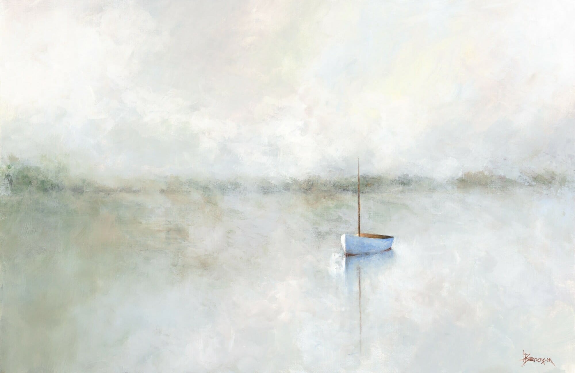 A small, empty boat with a single mast floats on calm, glassy water in Leslie Berenson art Work. The misty, ethereal scene features soft, pale colors and faint reflections, evoking a peaceful, dreamy mood with a blurry, indistinct background.