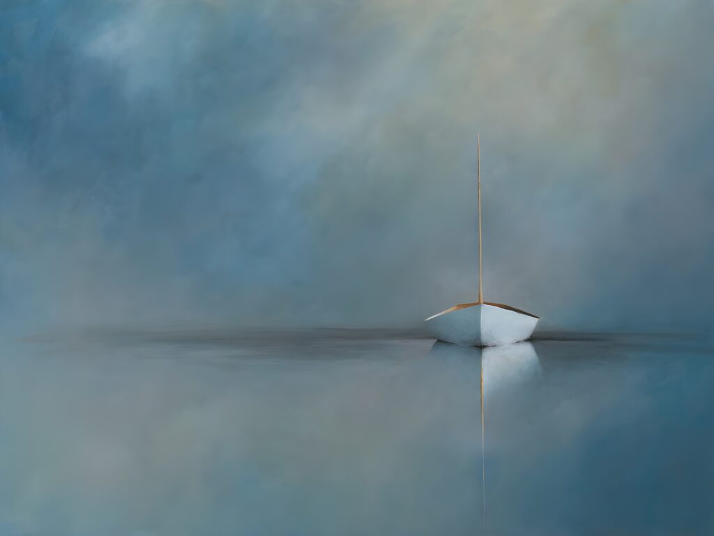 Morning Magic GIclee A solitary small white sailboat floats on calm, reflective water beneath a hazy, blue-gray sky. Reminiscent of Leslie Berenson giclee art Work, the minimalist scene uses soft gradients and muted tones to create a peaceful, tranquil atmosphere.