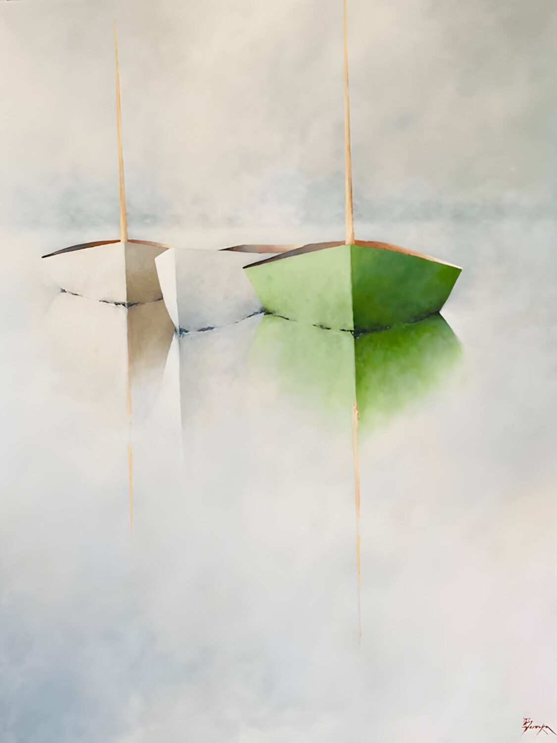 Morning Reflections Three sailboats with tall, bare masts float side by side on calm, misty water in this Leslie Berenson New artWork. Beige, white, and green hulls blend softly into the foggy surroundings, their reflections gently merging with the pale mist.